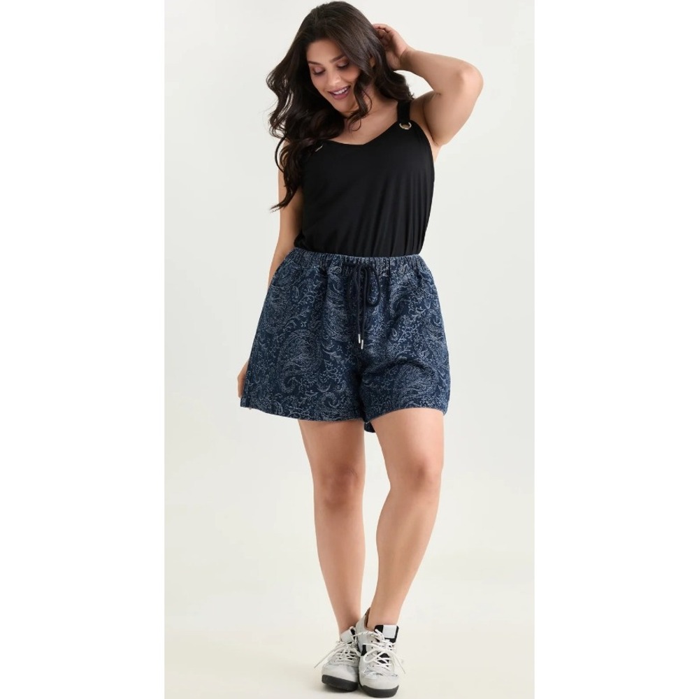 Bloomchic Paisley Print Drawstring Straight-Leg Denim Shorts Blue US 16 NWT